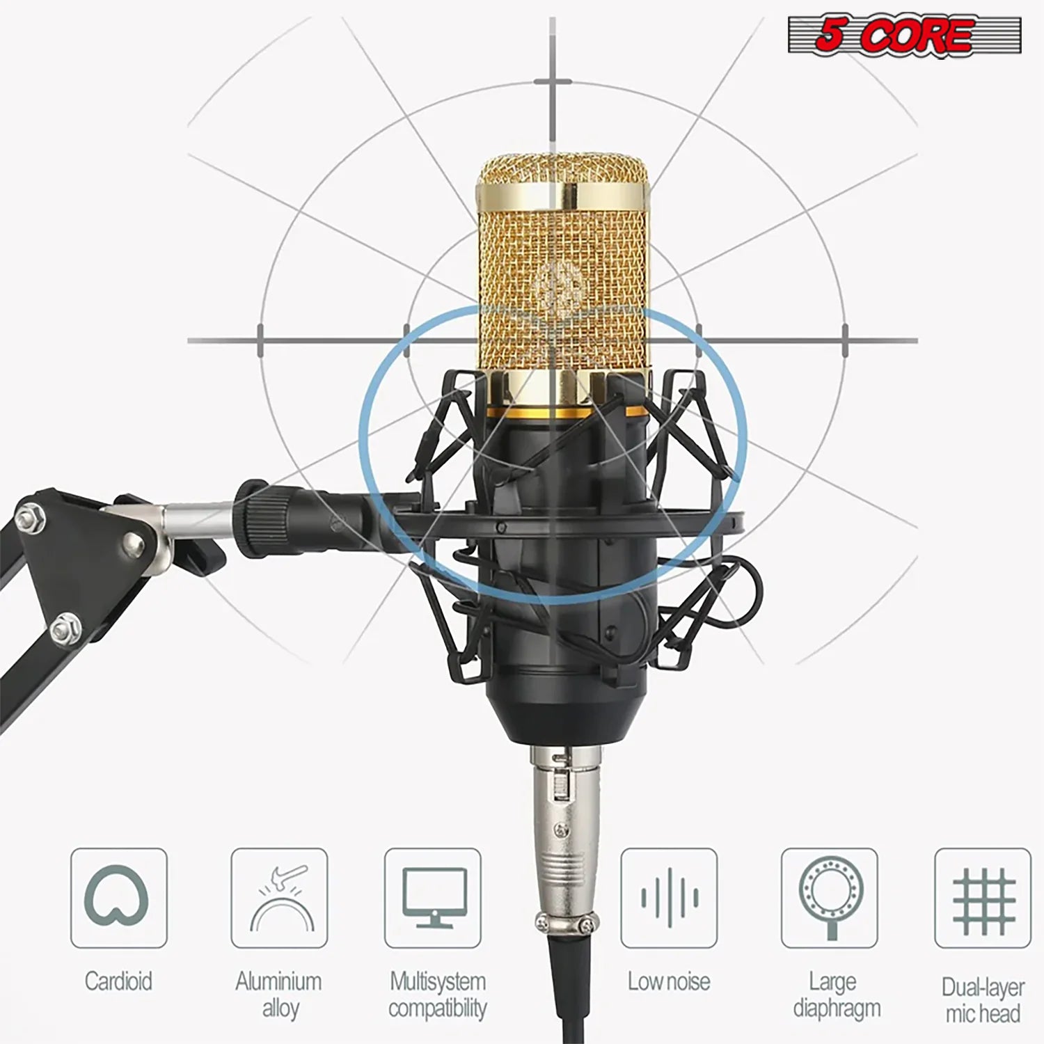 5Core Recording Microphone Podcast Bundle Professional Condenser Cardioid Mic Kit W Boom Arm